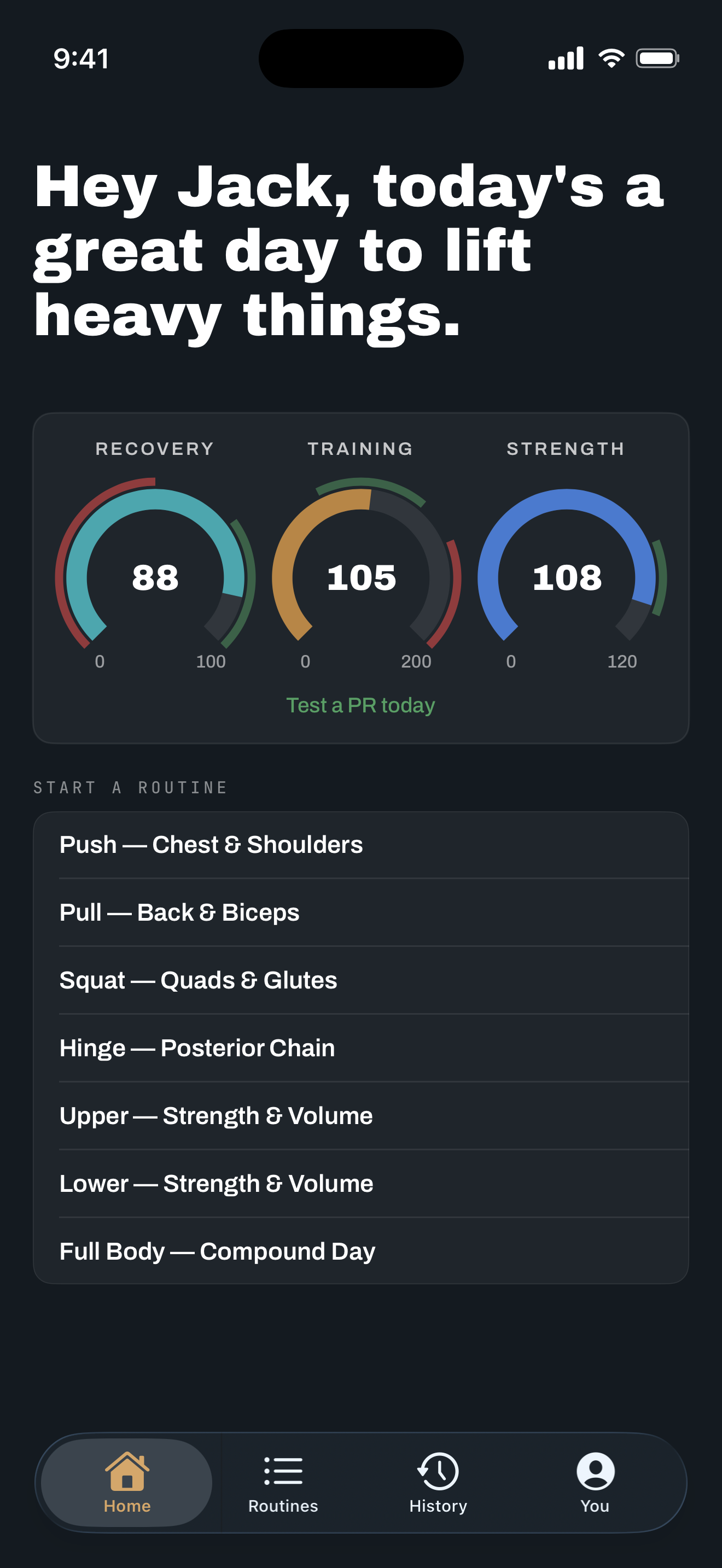 MakoFit home screen showing recovery, training and strength metrics