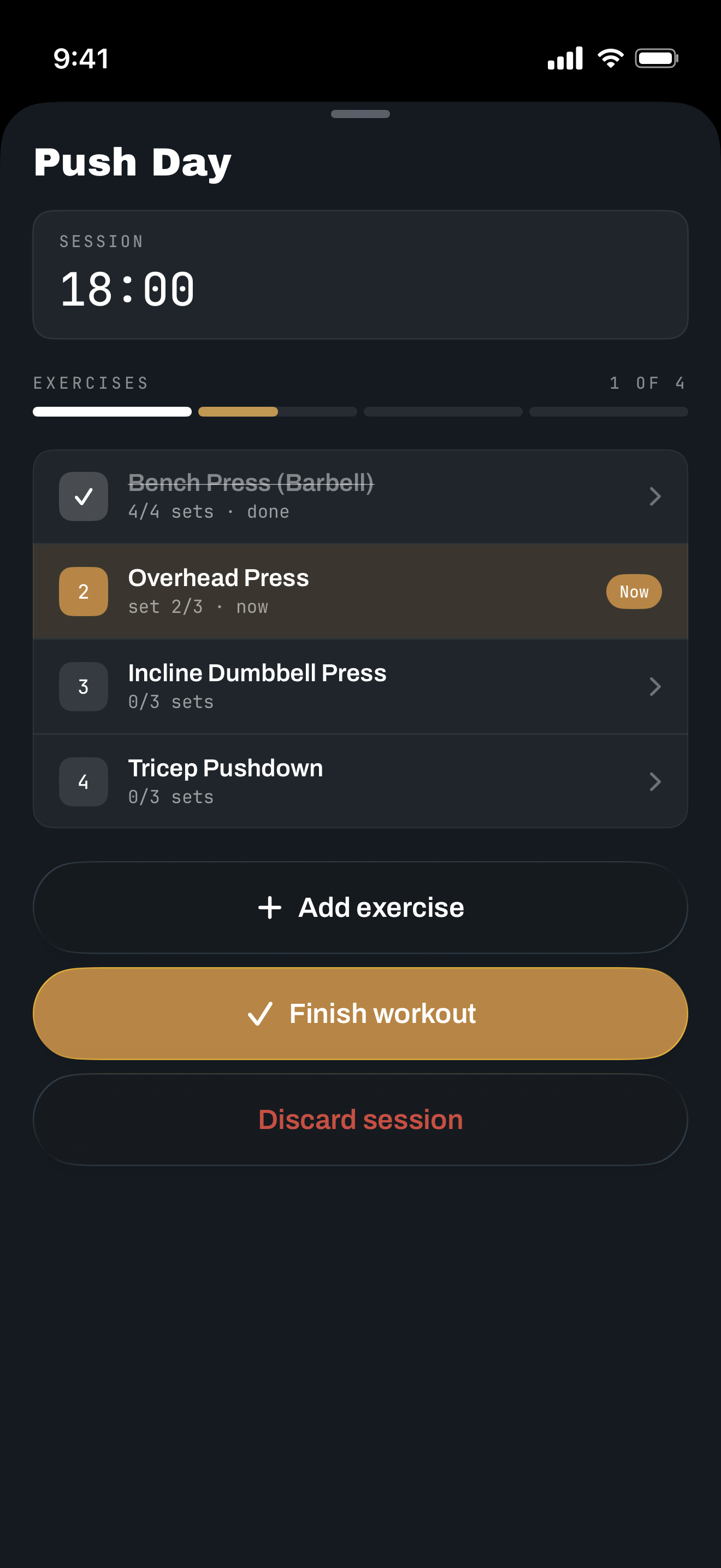 Active workout screen showing Push Day session