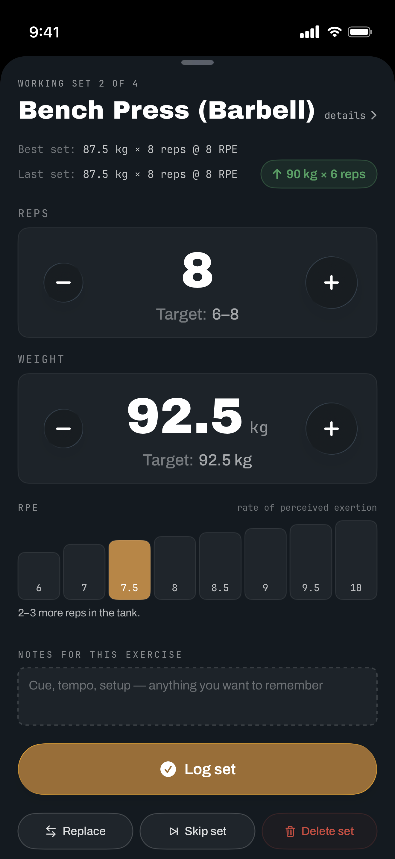 Log a set screen with reps, weight and RPE controls