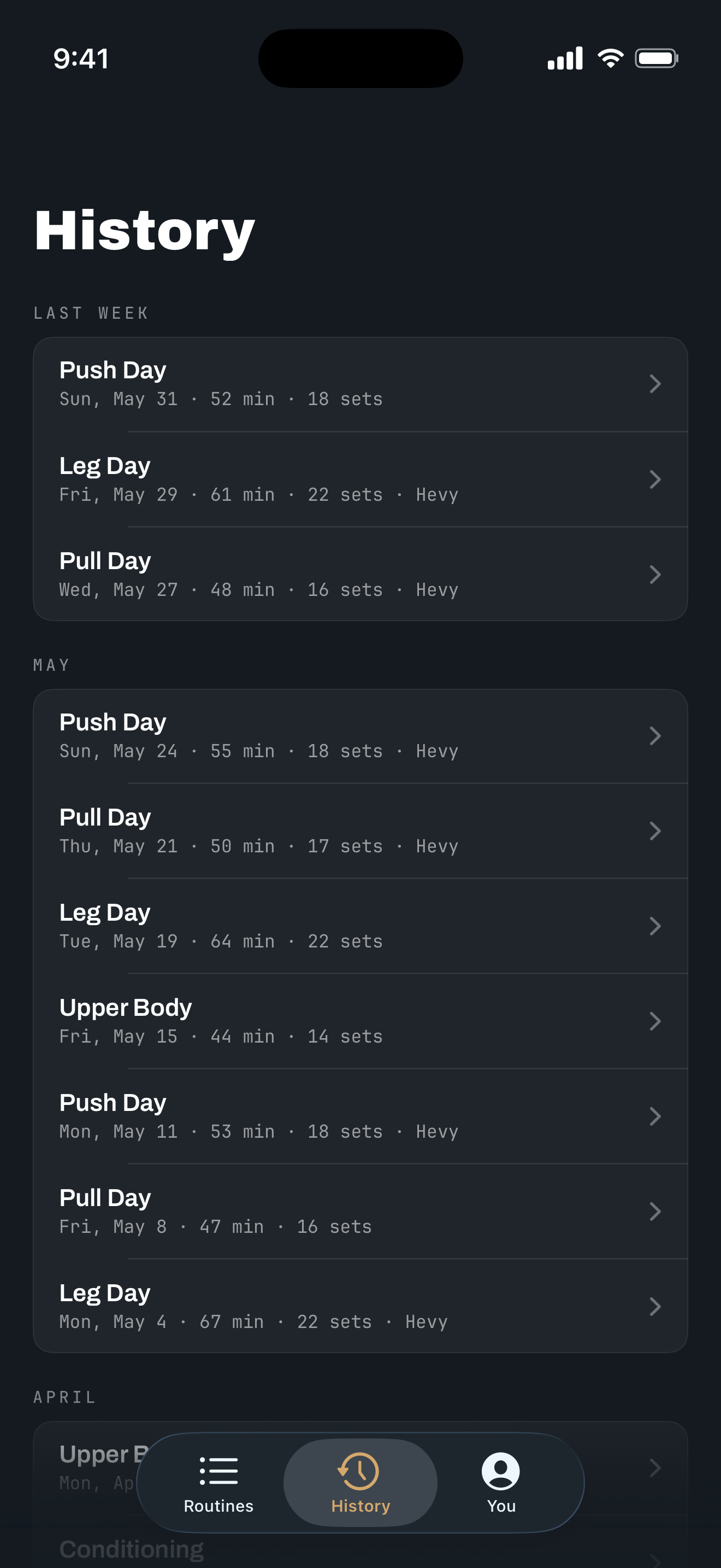 History screen showing chronological workout log