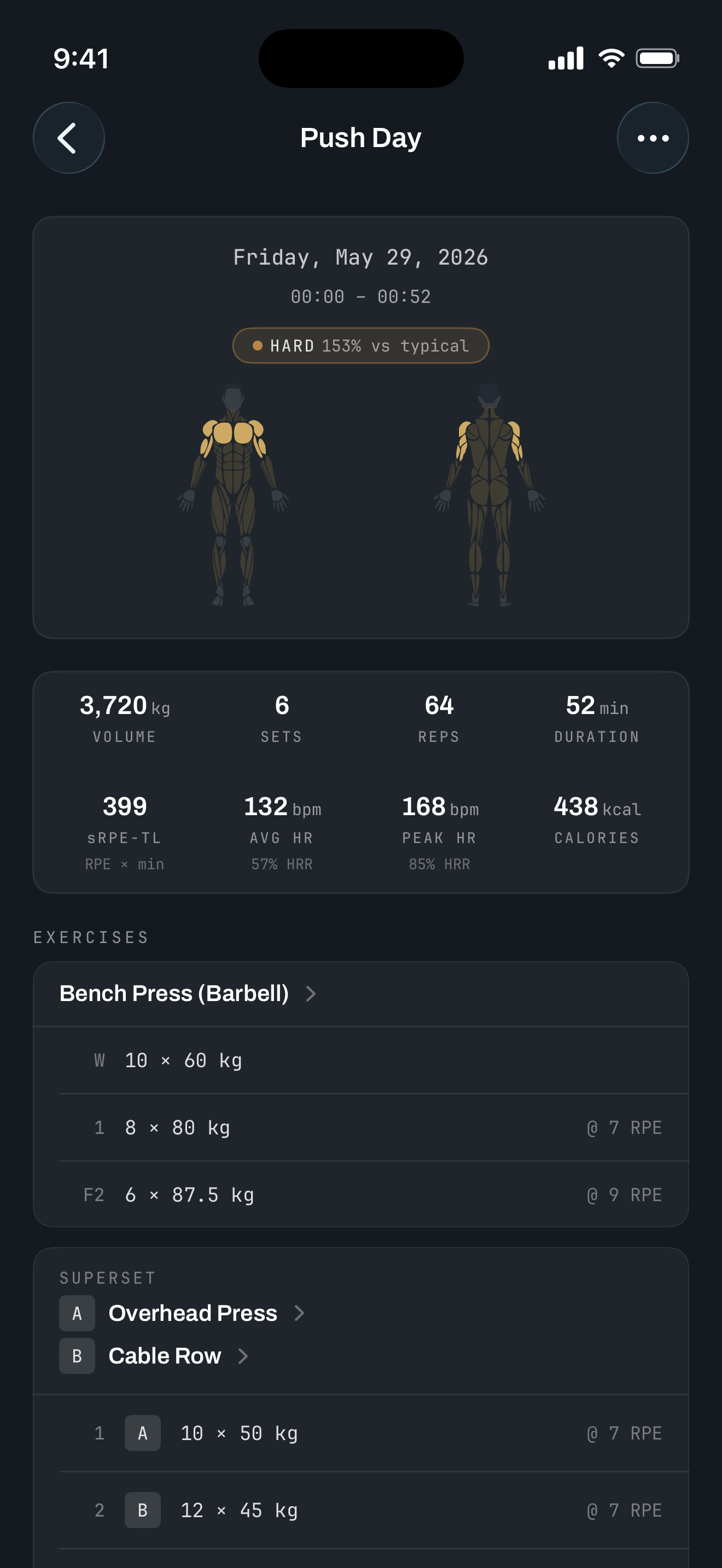 Previous session detail with volume and exercise breakdown