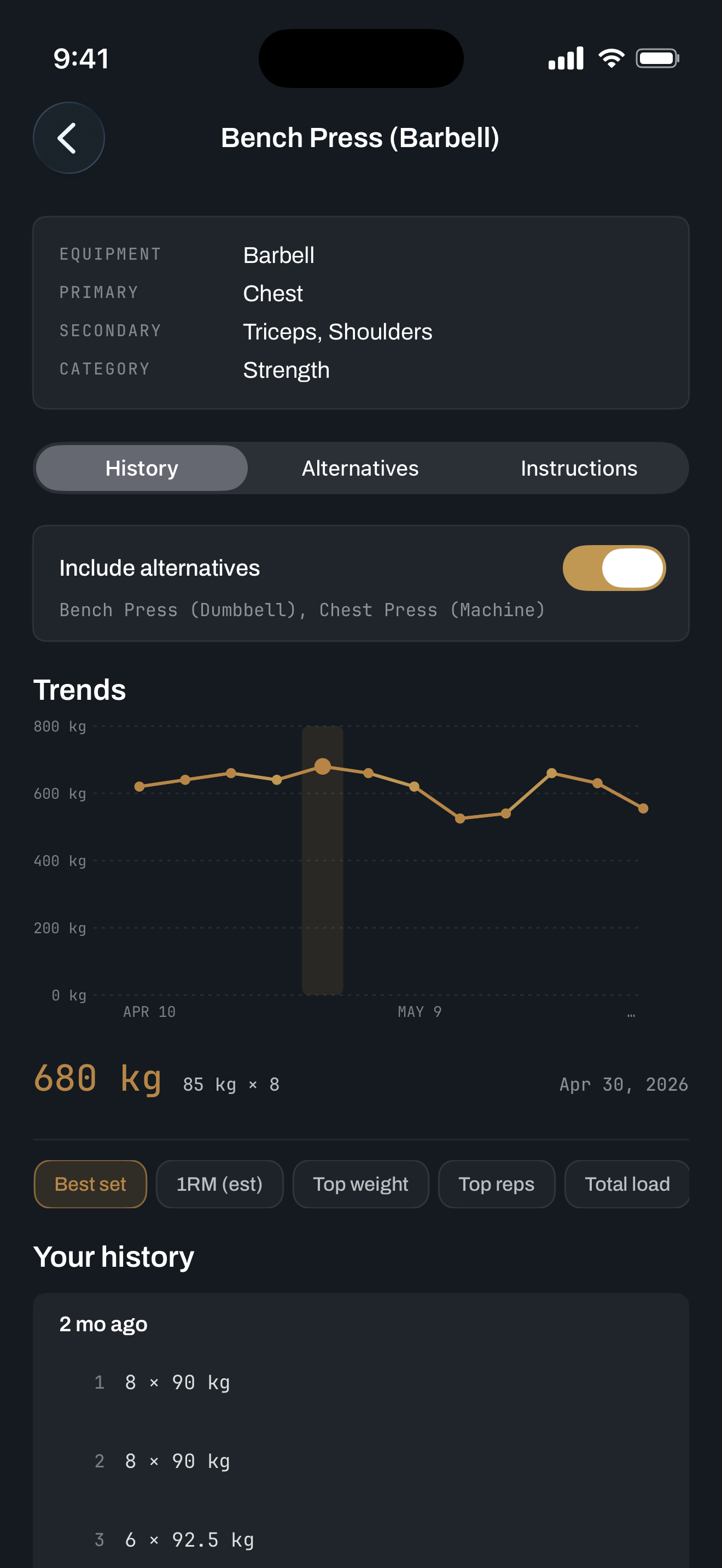 Exercise details showing trend chart and 1RM tracking